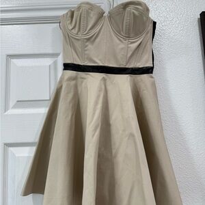 Strapless Cream Fit-and-Flare Dress with Black Waistband